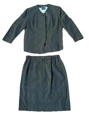 Geiger Austria Wool Do Green 2-pc Suit Button Jacket Midi Skirt Sz 42 Wool Linen